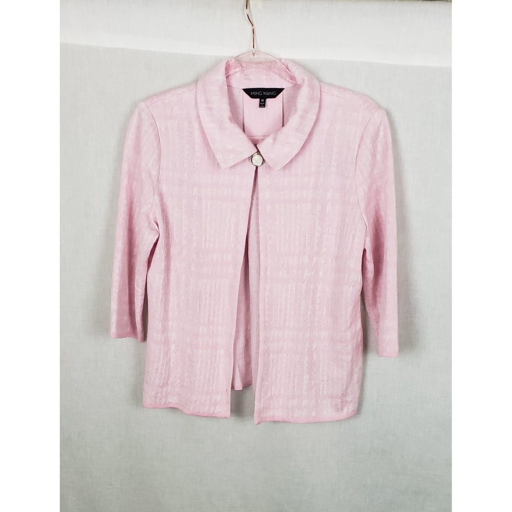 Ming Wang Pastel Pink Knit Jacket Textured Peter Pan Collar Single Button M